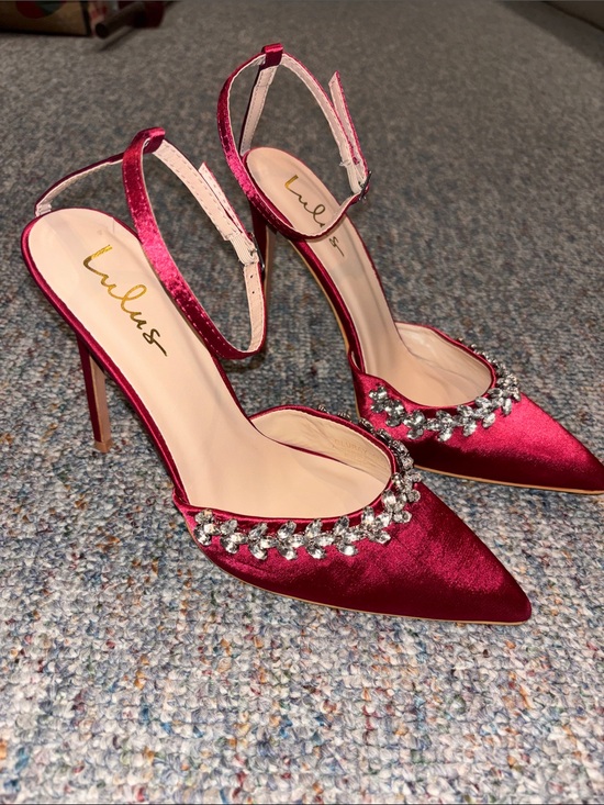 Lulus Shoes - Lulu's Burgundy Satin Pointed-Toe Ankle-Strap Heels with Crystal Chain